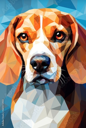 A digital artwork that deconstructs a Beagle's features into geometric shapes, with triangles and circles forming its expressive eyes, floppy ears, and distinctive snout. photo