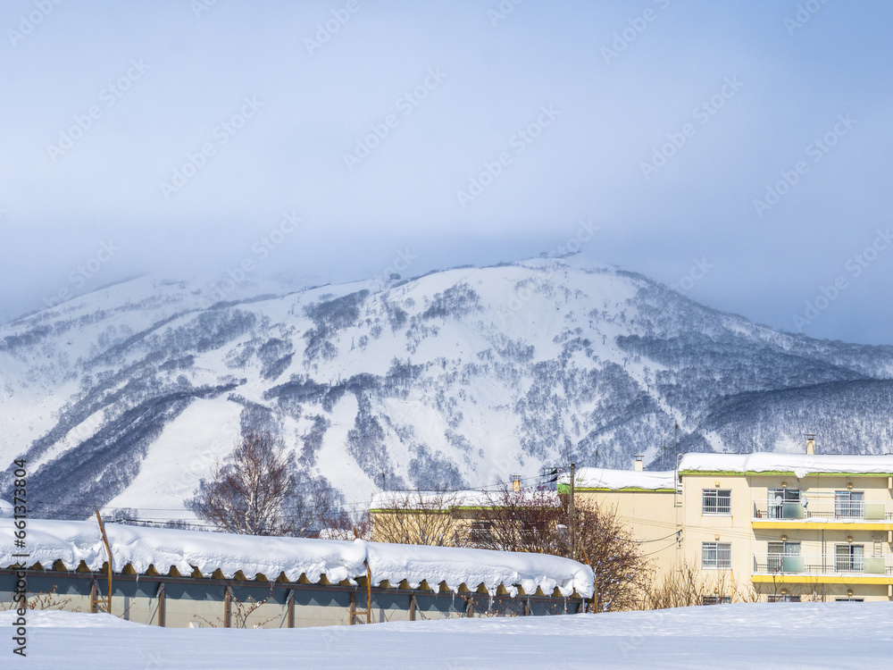 View of a ski resort from a town (Niseko, Hokkaido, Japan)
