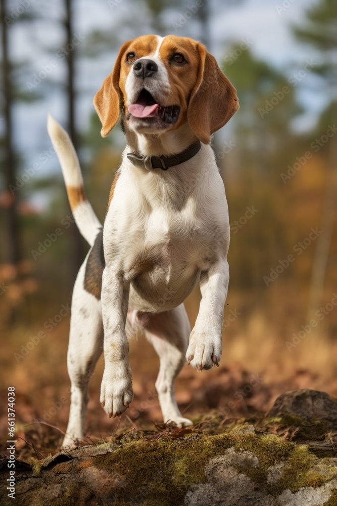A Beagle with its nose to the ground, engaged in scent tracking, its tail held high in excitement.