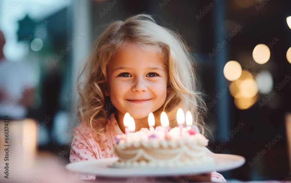 Little girl blowing out candles on a birthday cake