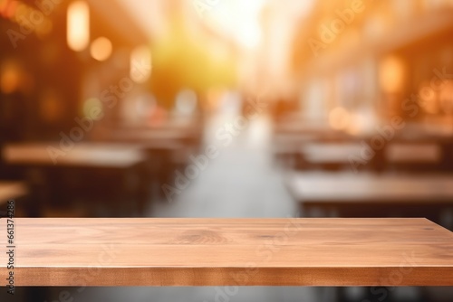 Wooden board empty table in front of blurred background