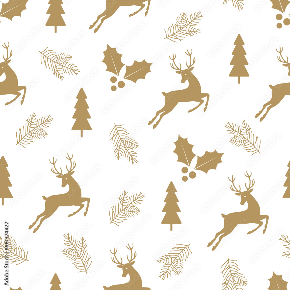 Christmas and New Year golden seamless pattern with deer in the forest, fir trees and holly berries on a white background. Winter vector illustration.
