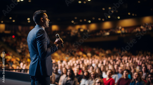 Showcase the dynamic essence of your conference with a close-up shot of a charismatic keynote speaker captivating the audience. Perfect for conference promotion and speaker highlights.