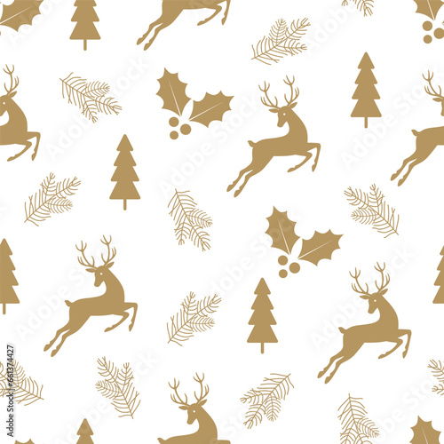 Christmas and New Year golden seamless pattern with deer in the forest  fir trees and holly berries on a white background. Winter vector illustration.