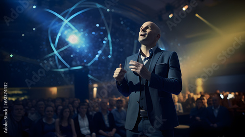 Showcase the dynamic essence of your conference with a close-up shot of a charismatic keynote speaker captivating the audience. Perfect for conference promotion and speaker highlights.