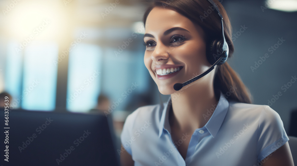 Call Center, young woman smiling, with CRM and headset with mic. Customer service.Ai generative. Call Center, young woman smiling, with CRM and headset with mic. Customer service.Ai generative.