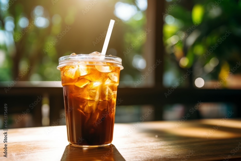 A refreshing glass of Thai Iced Coffee served with a straw on a rustic wooden table, bathed in the warm glow of afternoon sunlight A refreshing glass of Thai Iced Coffee served with a straw on a rustic wooden table, bathed in the warm glow of afternoon sunlight