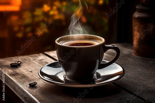 An inviting cup of black coffee on a rustic wooden table, with a backdrop of a cozy cafe scene, creating an atmosphere of warmth and relaxation