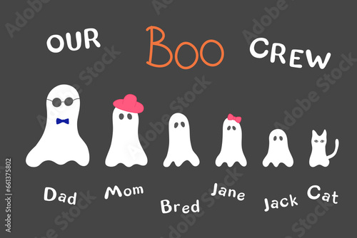 funny family of ghosts - boo crew. five ghosts and a ghost cat on a grey background. Vector Halloween illustration