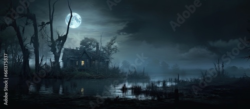 Swampy haunted house at night With copyspace for text