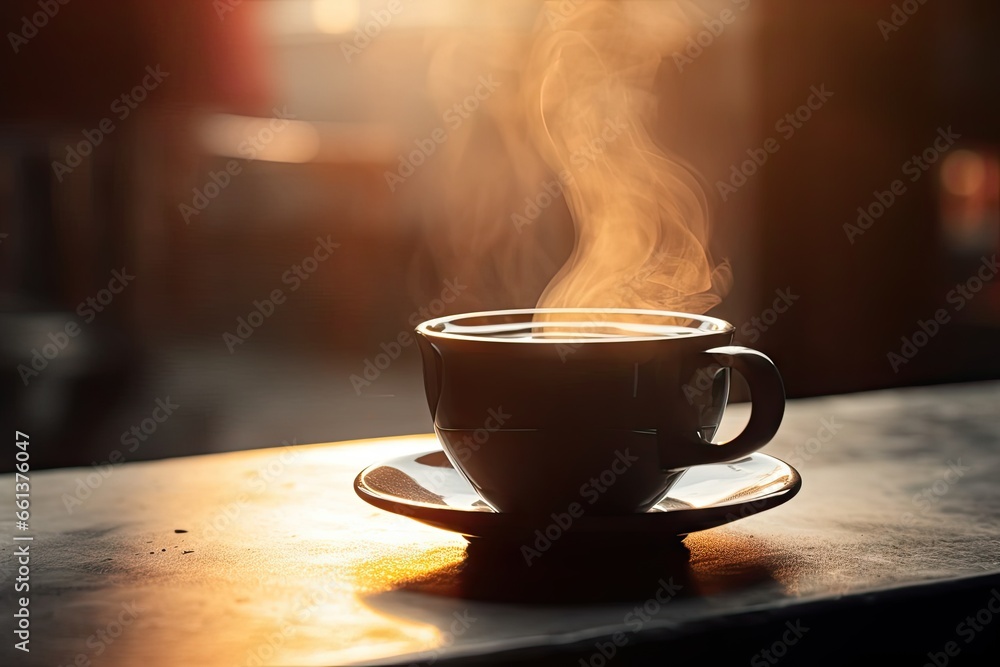 Morning bliss. Enjoying hot cup of espresso. Aromatic awakening. Fresh steamy coffee on wooden table. Art of brewing. Savoring day. Vintage saucer Morning bliss. Enjoying hot cup of espresso. Aromatic awakening. Fresh steamy coffee on wooden table. Art of brewing. Savoring day. Vintage saucer
