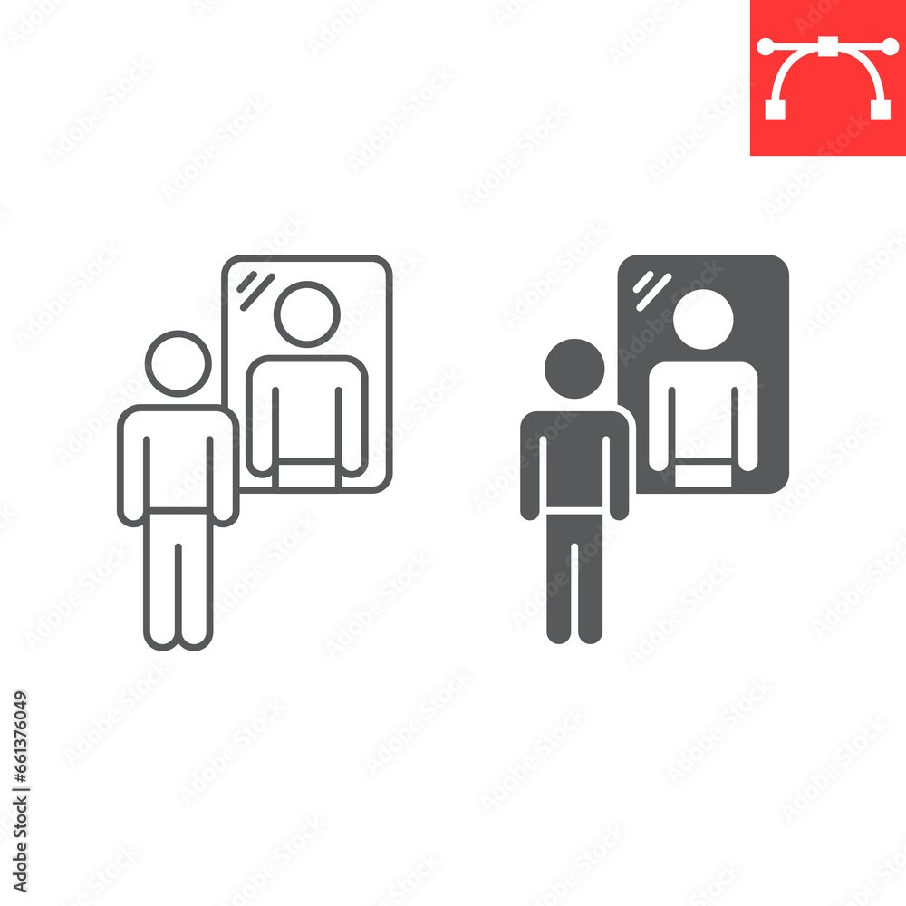 Introspection line and glyph icon, mindfulness and reflection, man standing at mirror vector icon, vector graphics, editable stroke outline sign, eps 10. Introspection line and glyph icon, mindfulness and reflection, man standing at mirror vector icon, vector graphics, editable stroke outline sign, eps 10.