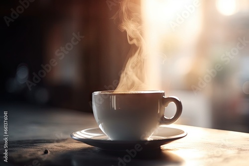 Morning bliss. Enjoying hot cup of espresso. Aromatic awakening. Fresh steamy coffee on wooden table. Art of brewing. Savoring day. Vintage saucer