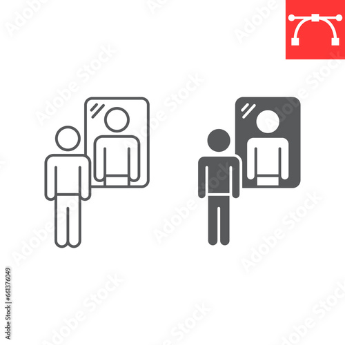 Introspection line and glyph icon, mindfulness and reflection, man standing at mirror vector icon, vector graphics, editable stroke outline sign, eps 10.