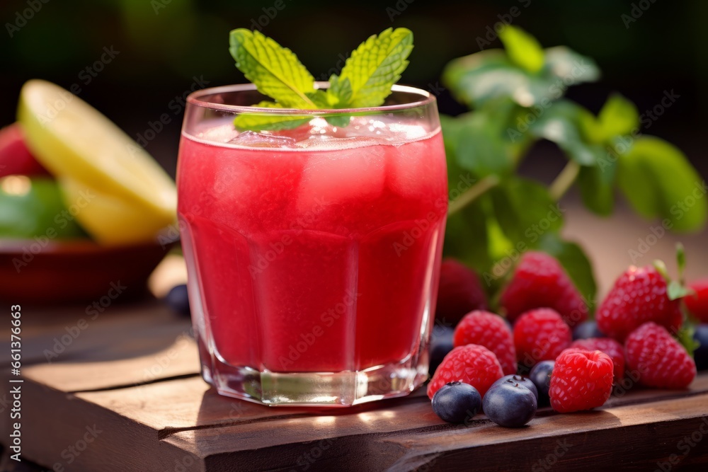 A vibrant glass of homemade Berry Punch garnished with fresh mint leaves, served on a rustic wooden table during a sunny summer afternoon A vibrant glass of homemade Berry Punch garnished with fresh mint leaves, served on a rustic wooden table during a sunny summer afternoon
