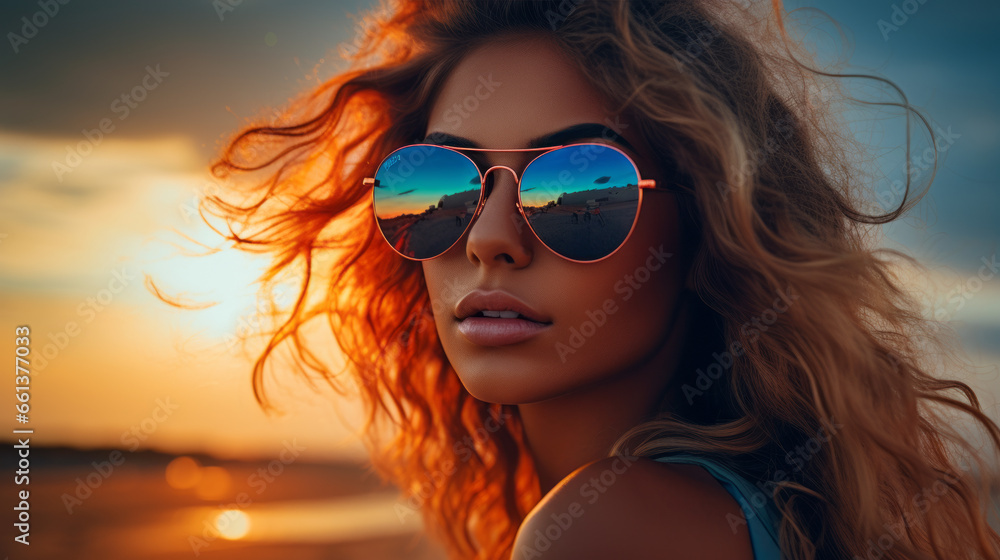 Very attractive young woman on the beach in summer, portrait of a beautiful young woman wearing sunglasses and sun hat