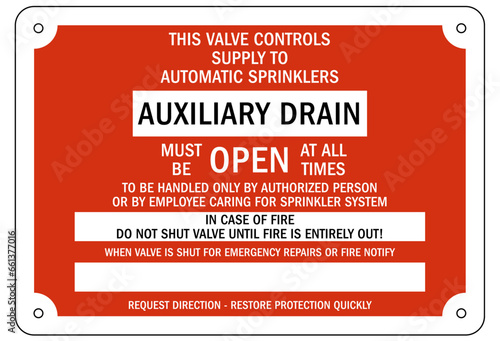 Sprinkler shut off sign and labels auxiliary drain