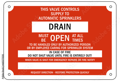 Sprinkler shut off sign and labels drain