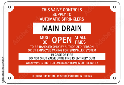 Sprinkler shut off sign and labels main drain