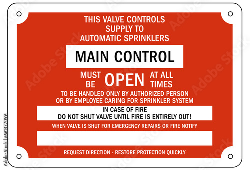 Sprinkler shut off sign and labels main control