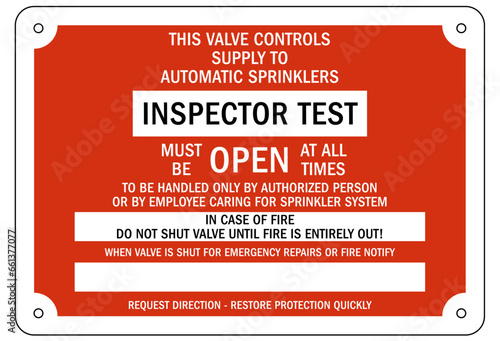 Sprinkler shut off sign and labels inspector test