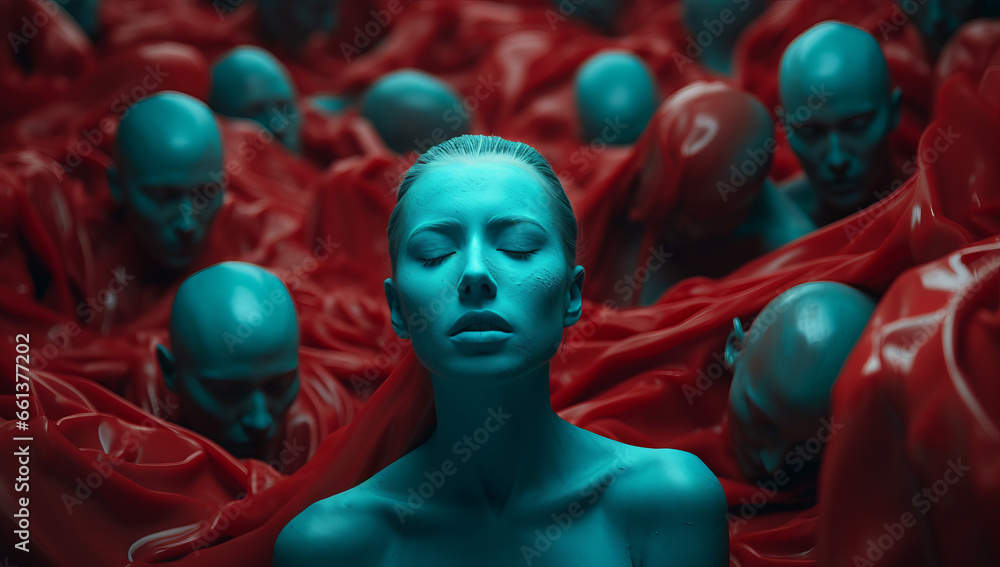 Obraz premium Stand out from the crowd concept with blonde woman standing out from large crowd of people, abstract mental health topic