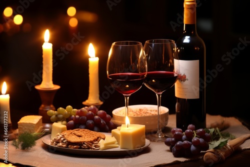 A romantic evening with a bottle of rich, ruby-red Sangiovese wine, two glasses filled to the brim, and a candle-lit Italian dinner in the background
