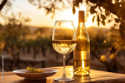 A glass of golden Marsanne wine  elegantly placed on a rustic wooden table  with a vineyard bathed in the warm glow of sunset in the background