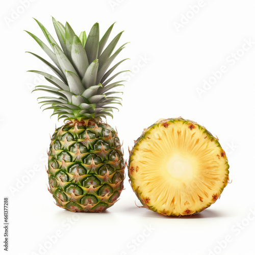Fresh whole and cut pineapple isolated on white background