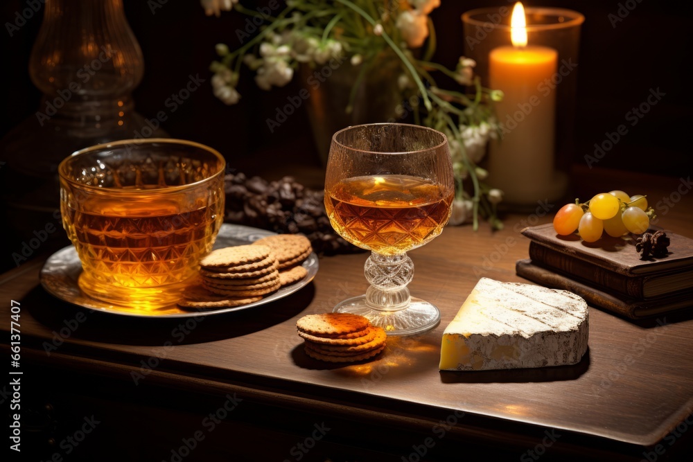 A Sophisticated Evening Scene with a Crystal Glass of Armagnac, Aged Cheese, and Crackers on an Antique Wooden Table A Sophisticated Evening Scene with a Crystal Glass of Armagnac, Aged Cheese, and Crackers on an Antique Wooden Table