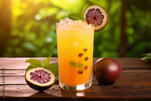 A refreshing glass of Passion Fruit Delight cocktail garnished with a slice of lime, served on a rustic wooden table against a tropical backdrop
