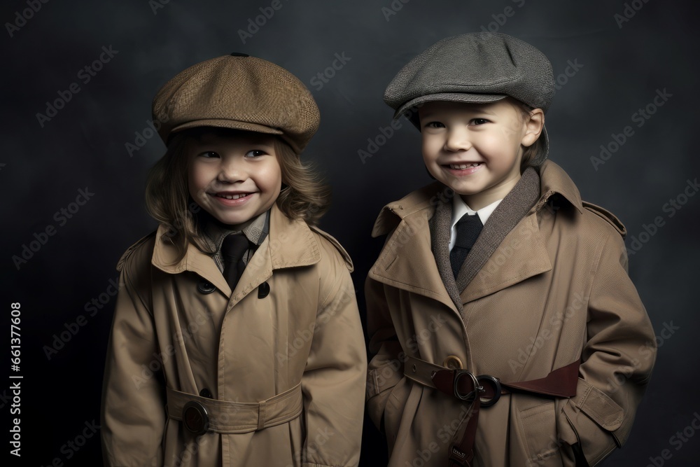 Smiling detective kids. Small children wearing inspector equipment. Generate ai