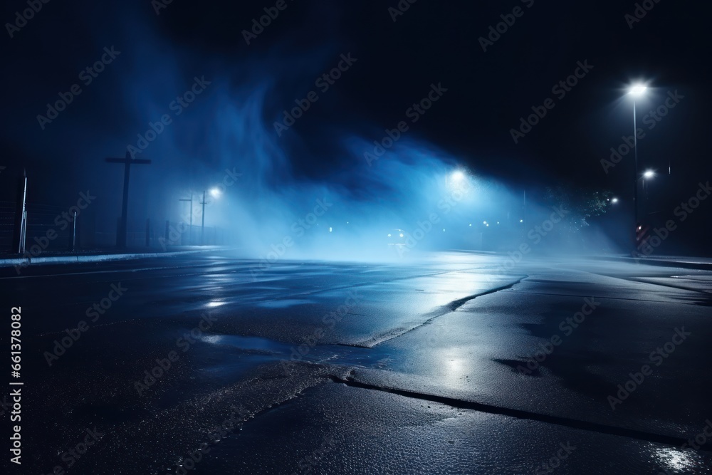 Empty dark street with lanterns and wet asphalt Empty dark street with lanterns and wet asphalt