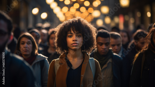 Strong Afro American confident business woman standing in front of crowd of people on a busy street
