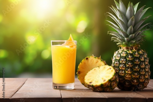 A refreshing glass of freshly squeezed pineapple juice, adorned with a pineapple slice, sitting on a rustic wooden table, basking in the warm morning sunlight