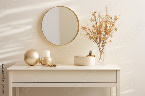 Empty modern  minimal beige dressing table  gold handle drawer storage  twig glass vase  round vanity mirror in cream wall bedroom in sunlight for luxury beauty  cosmetic  christmas deco generative AI