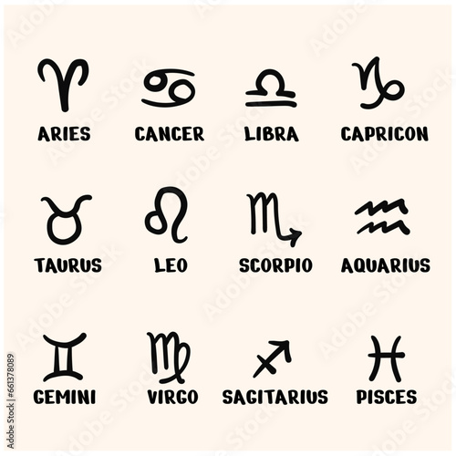 Arranged with the 12 zodiac signs in doodle line art style, it can be used for all cute design materials
