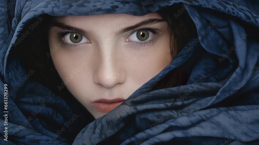 Studio portrait of a mysterious woman with piercing eyes wrapped in a blue cloak. Light complexion and perfect skin. - obrazy, fototapety, plakaty 