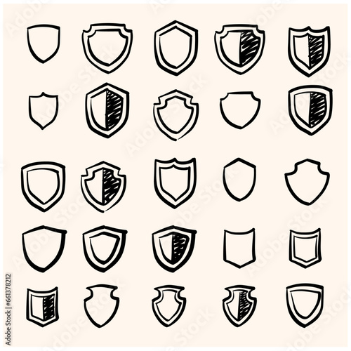 Simple collection of shields in doodle line art style, Set of vector thin line signs for infographics, logos, app development and website design.