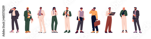 Modern businessmen in suit set. People in formal office costume standing. Diverse business men, workers, employee group. Various characters in work costumes. Flat isolated vector illustration on white