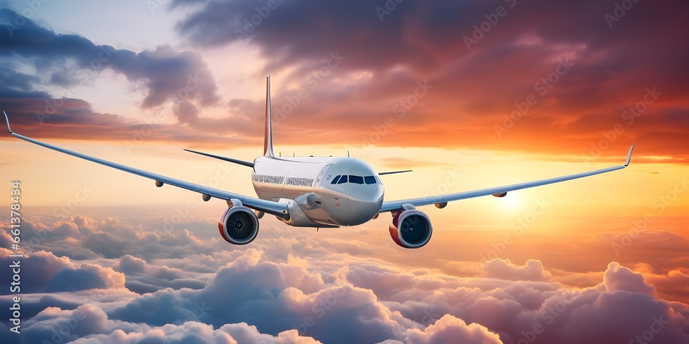 The long run evolution of aviation activity Commercial airplane flying over dramatic sunset Airplane in the sky at sunrise view of the wing and engine Ai Generative
 
