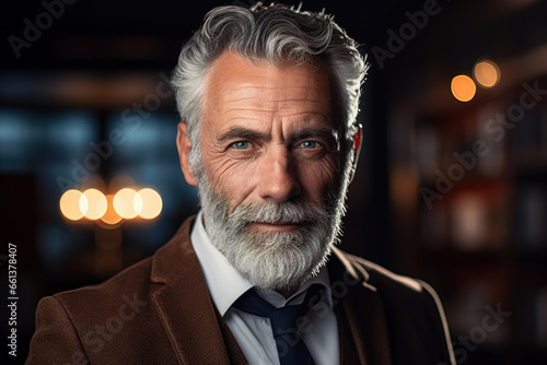 Male headshot portrait, bearded stylish senior Caucasian man gentleman indoors looking at camera