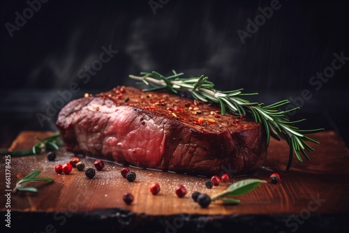 Fototapete Beef Tenderloin filet with rosemary and spice, roasted meat, grilled steak mediu