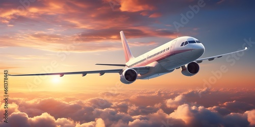 Commercial airplane jetliner golden Hour Departure Passenger Plane Takes Off A plane is taking off at sunset background with the sky Flying into the Sunset A Plane s Ascent Ai Generative  