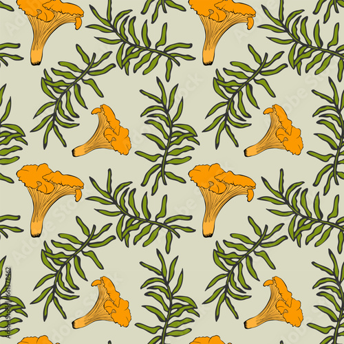 Chanterelle mushroom and moss pattern, hand drawn contour doodle.