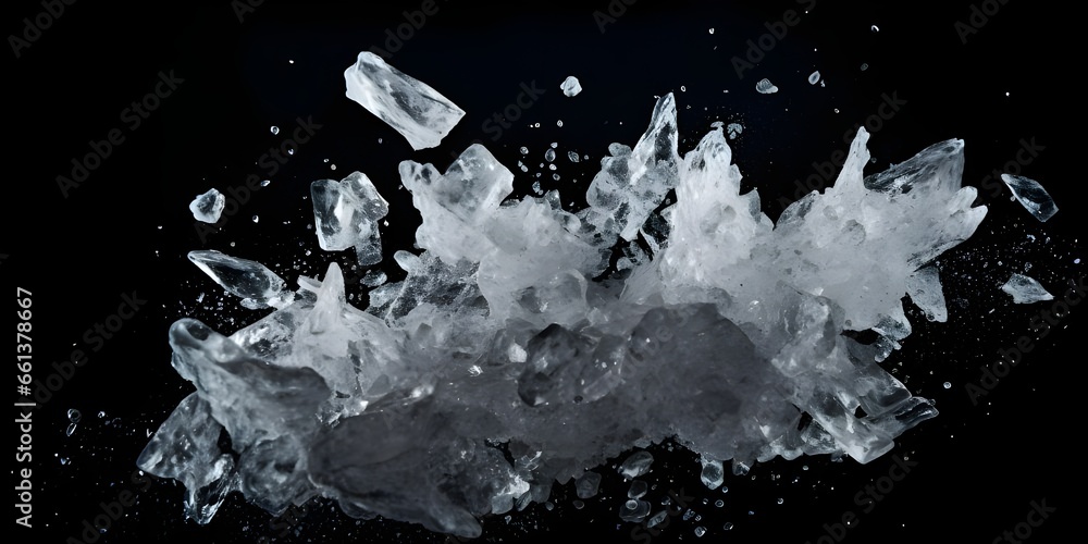Shards of shiny glass and ice in flight isolate black background Sharp fragments of broken crystal stock photo with dark black background Ai Generative - obrazy, fototapety, plakaty 