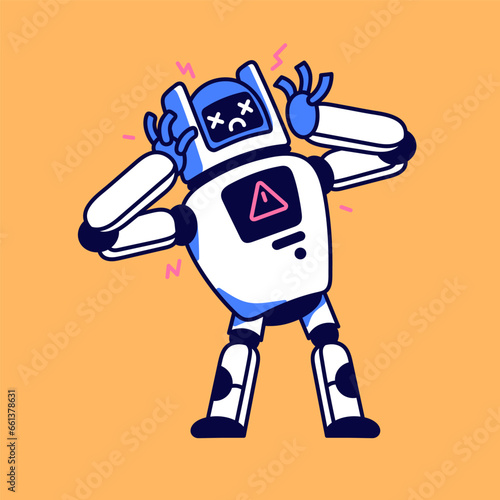 Sad broken robot with warning symbol. Program bug, technical mistake, critical failure, online connection error, server problems. Maintenance support service bot. Flat isolated vector illustration