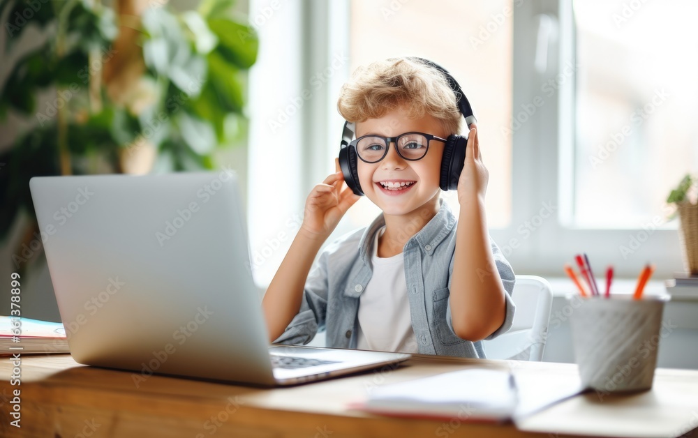 Smiling little boy in headphones have video call distant class with teacher using laptop, homeschooling concept Smiling little boy in headphones have video call distant class with teacher using laptop, homeschooling concept