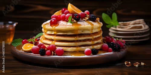Front view yummy pancakes with fresh fruits on the light surface breakfast sweet fruit near by many plates with bread and leaf and left side a honey jar on the wooden table Ai Generative
  photo