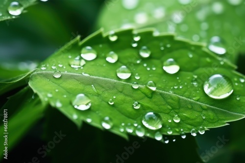 Large beautiful drops of transparent rain water on green leaves